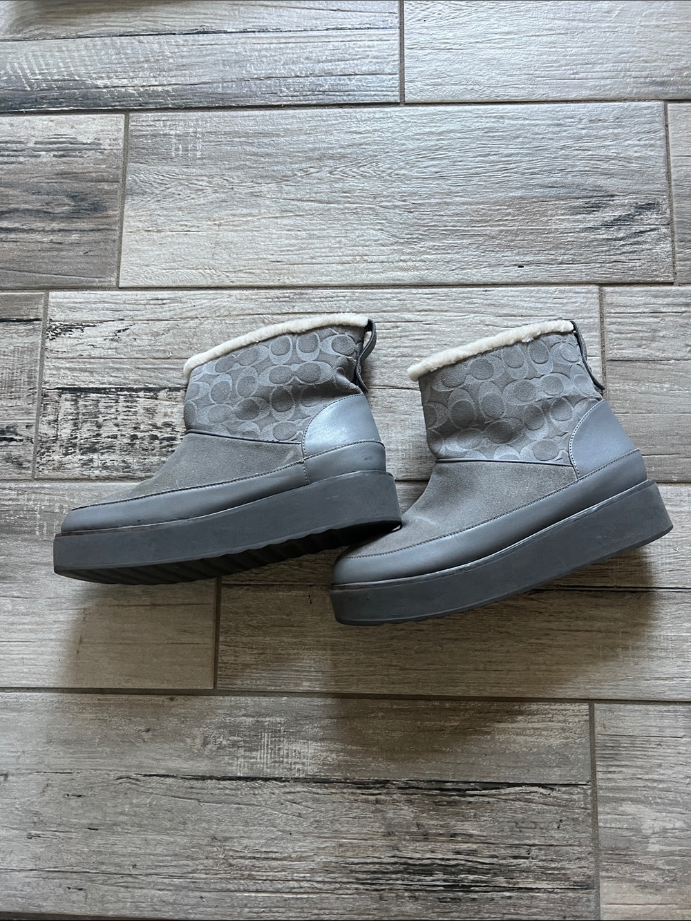 Coach Gray Platform Shearling-Trim Ankle Booties